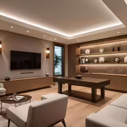 the large living room is well decorated with light colored furniture and lighting fixtures