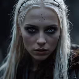 a woman with long hair and white makeup