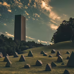 an artistic image of large rocks and a space shuttle in the sky