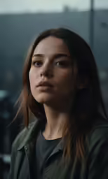 an attractive young woman in a green coat looking into the camera