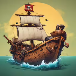 a cartoon pirate ship floating on top of the ocean,an image of a pirate ship with two flags