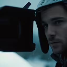 a man with a snow helmet holding up a camera