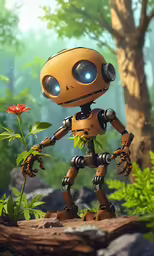 a robot in the woods standing next to a flower