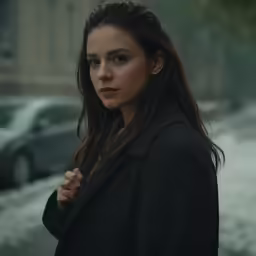 a girl with long hair wearing a jacket and standing near a parked car