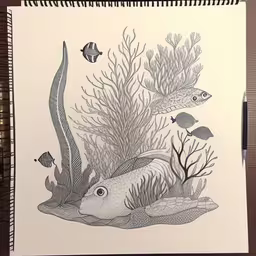 an aquarium scene drawing is drawn on paper,this is a drawing that depicts some very nice fishes