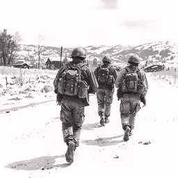 two soldiers, dressed in military gear walking down the road