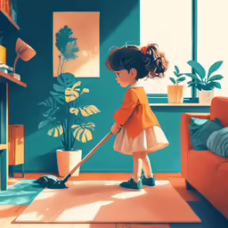 a little girl is cleaning her floor with a mop