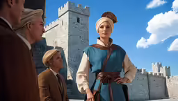 three people wearing medieval clothes standing in front of a castle