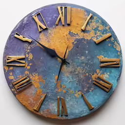 a blue and yellow painted clock with roman numerals