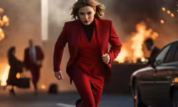 a woman is dressed in a red suit in front of fire