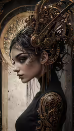 a female art doll has gears on its head
