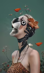 a woman in a black dress and a mask