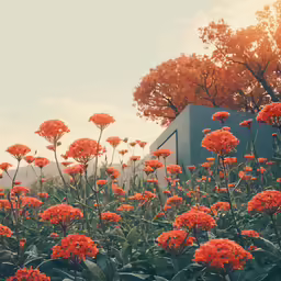 orange flowers growing in a field next to a building