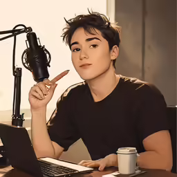 a woman using her computer holding a microphone