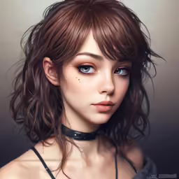 a young woman with a dark brown short and a black choker