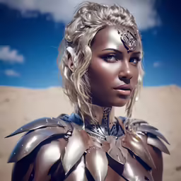 a woman in a dress that has metal on her body and head