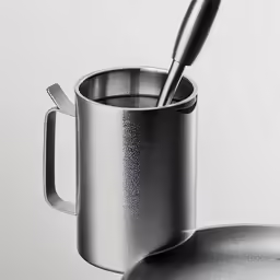 a metal mug with a spoon inside and lid