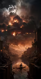there is a man on a boat in a river with a sky that is almost filled with fire