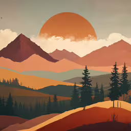 this painting shows the sun setting on a mountain,a painting of mountains with pine trees on top
