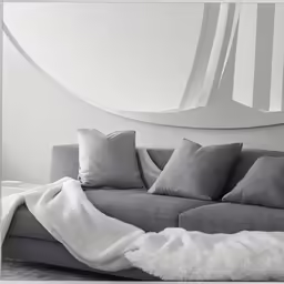 a grey couch with pillows and a round mirror