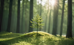 a small tree stands out among the green grass in a sunny forest