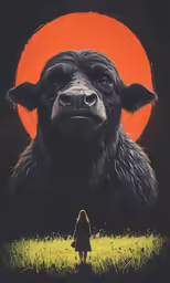 a bear looks at a woman standing in the grass with a red moon in the background