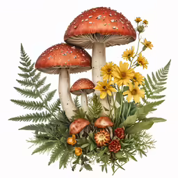 a bunch of mushrooms that are on some plants