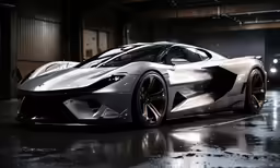 a silver car in a garage next to another vehicle