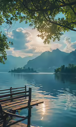 a bench on the water near the shore of a lake
