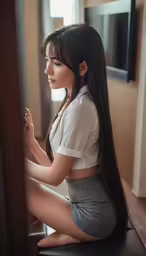 a girl sitting down posing for a picture