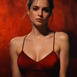 a woman wearing a dark red bikini top in front of a red background