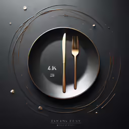 a black and gold dinner set is next to a fork and knife