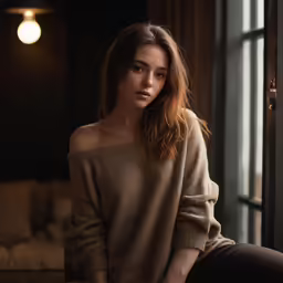 a woman with brown hair is sitting in a chair