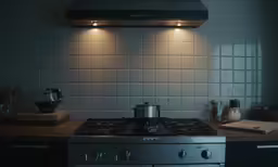 a gas stove in the middle of a kitchen