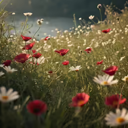 red and white flowers near water in a green field