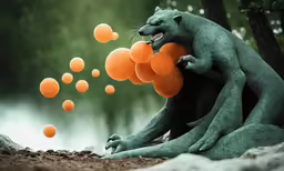 a sculpture of a gorilla holding several orange balloons