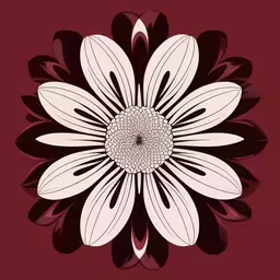 a stylized flower is centered in a burgundy background,the flower has many leaves on it