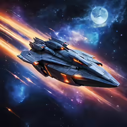 a space ship flying through space with bright beams and stars