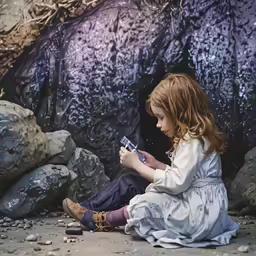 a girl in a white dress is sitting on the rocks and holding a phone
