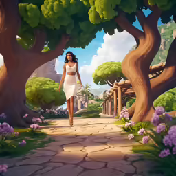 a beautiful woman wearing a white dress and white heels walking towards a tree