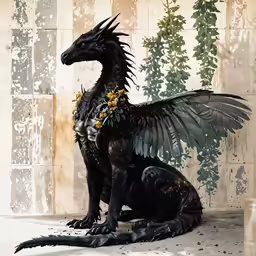 a black dragon with a flower around its neck, sitting down