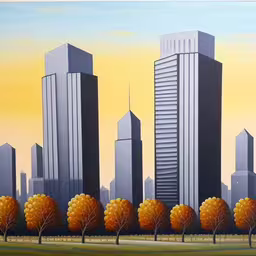 there are many buildings with trees and orange leaves,an image of a city landscape that is acrylic