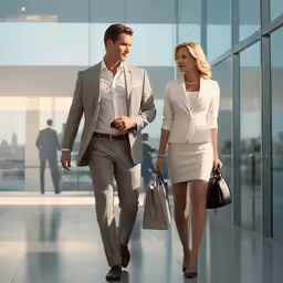 a man and a women holding bags walking down a hall
