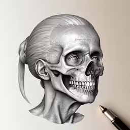 a drawing of a skeleton face with an upper half that is partially eaten