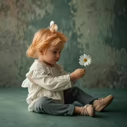 little girl sitting on the ground holding a flower in her hands