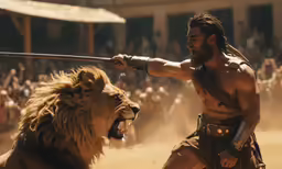 a man and lion on a dirt ground