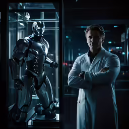 a man wearing a suit and standing next to a robot