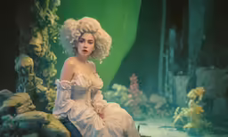 a person wearing a white gown in front of a picture