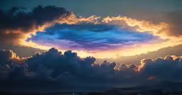 clouds and sun rise above some mountains on a cloudy day,a blue and orange cloud is in the sky