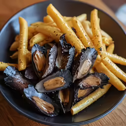 black plate with some fries, sauce and other food items